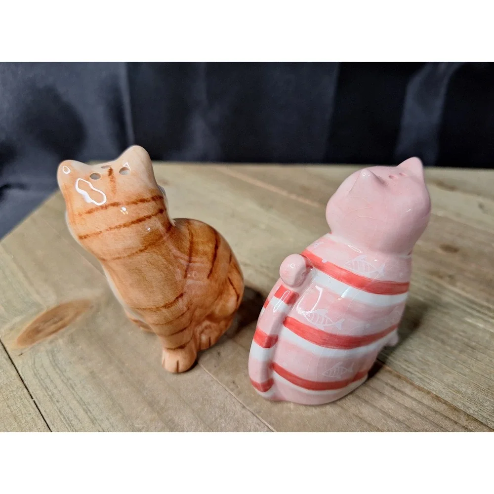 Orange Tabby and Pink Striped Fish Ceramic Cat Salt and Pepper Shaker Set